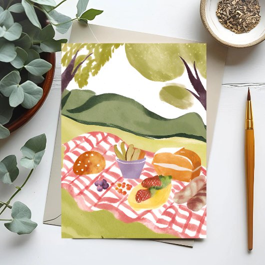 picknick op een heuvel | Schilderachtig Waterverf Briefkaart