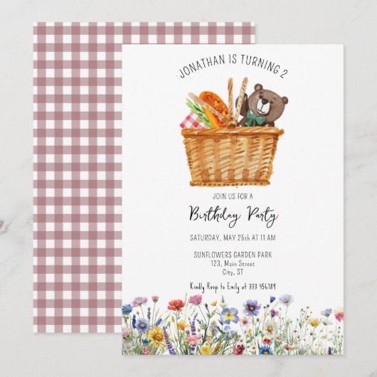 Picknick Verjaardag Uitnodiging roze Gingham lente (Voorkant / Achterkant)