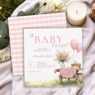 Picknick Wilde Bloemen Ballonnen Roze Meisje Baby Kaart