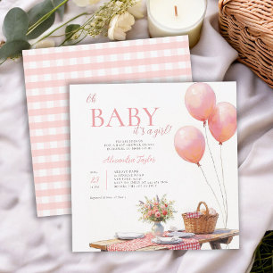 Picknick Wilde Bloemen Roze Ballonnen Meisje Baby Kaart