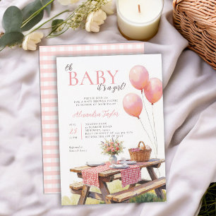 Picknick Wilde Bloemen Roze Ballonnen Meisje Baby Kaart