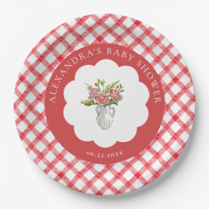 Picknick Zomer Rood Wit Geruit Bloemen Baby Shower Papieren Bordje