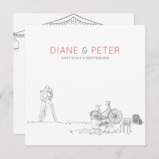Picknicktuin minimalistisch zwart-wit bruiloft kaart (Voorkant / Achterkant)