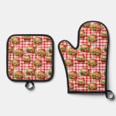 Picnic Burger Delight Retro Gingham & Cheeseburger Ovenwant & Pannenlap Set (Voorkant)