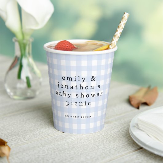Picnic Park Namen Datum Baby shower Blue Gingham Papieren Bekers (Insitu)