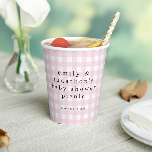 Picnic Park Namen Datum Baby shower Pink Gingham Papieren Bekers (Insitu)