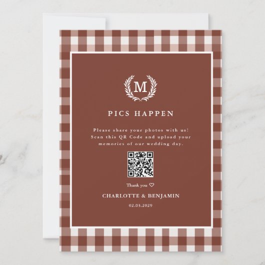PICS GEBEUREN! QR Code Bruin Gingham Wedding Galle (Voorkant)
