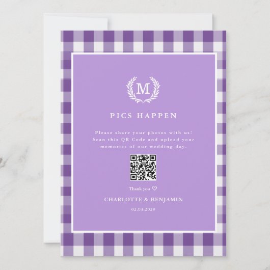PICS GEBEUREN!QR Code Paarse Gingham Wedding Galle (Voorkant)