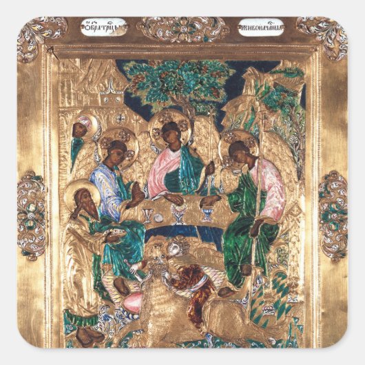 Pictogram waarin Abraham en de Drie Angels worden Vierkante Sticker (Voorkant)