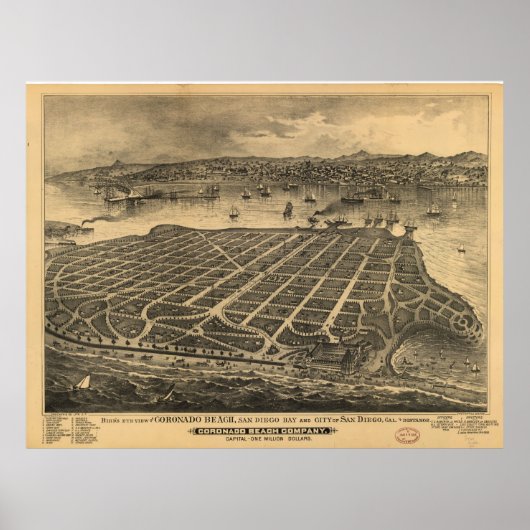 Pictorial Map of Coronado Beach (1880) Poster (Voorkant)
