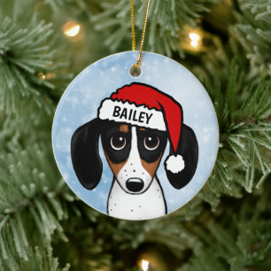 Piebald Dachshund Santa Wiener Dog Aangepaste naam Keramisch Ornament