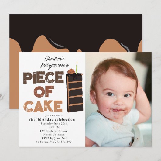 Piece of Cake Invite 1st First Birthday Photo Kaart (Voorkant / Achterkant)