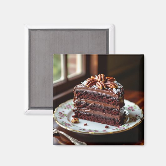 Piece of Chocolate Cake on a Fancy Plate Magneet (Voorkant / Achterkant)