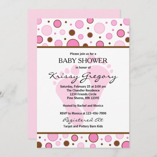 Pieds et points rose bébé douche Invitations (Devant / Derrière)