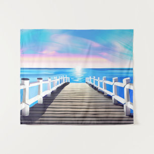 Pier, oceaan en hemel bij zonsopgang wandkleed