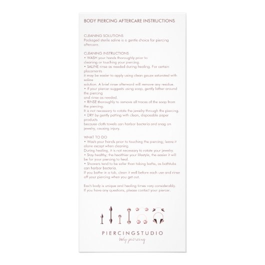 Piercing Sterling Jewelry Aftercare Instruction Reclamekaart (Voorkant)