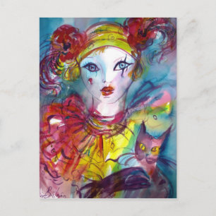 Piero met kat-/Venetiaanse Masquerade-maskers Briefkaart