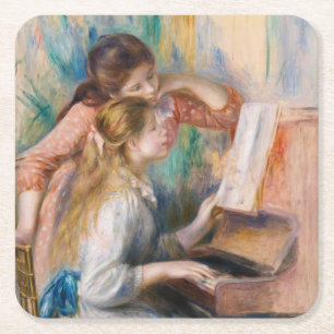 Pierre Auguste Renoir - Jonge meisjes aan de Piano Vierkante Kartonnen Onderzetter