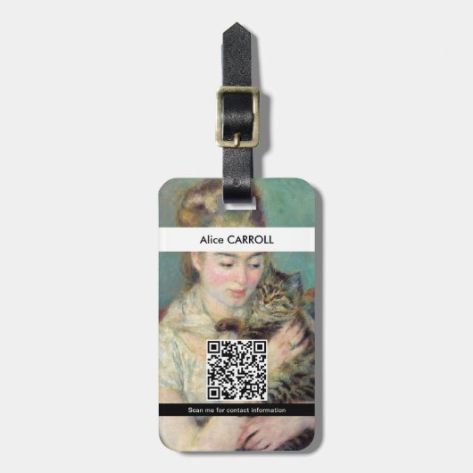 Pierre-Auguste Renoir - Vrouw met een kat - QR Cod Bagagelabel (Voorkant verticaal)
