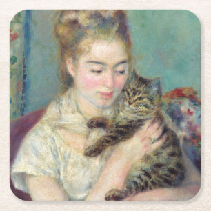 Pierre-Auguste Renoir - Vrouw met een kat Vierkante Kartonnen Onderzetter