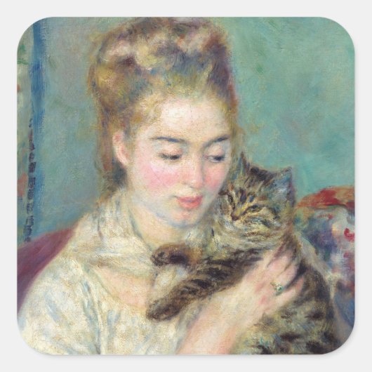 Pierre-Auguste Renoir - Vrouw met een kat Vierkante Sticker (Voorkant)