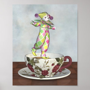 Pierrot Clown Doll Balancing on a Tea Cup Poster