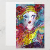 PIERROT MET CAT / Mardi Gras Masquerade Party Briefpapier (Voorkant / Achterkant)