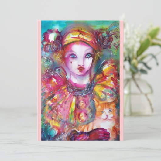 PIERROT MET KAT / Mardi Gras Maskerade Feest Kaart (Staand voorkant)