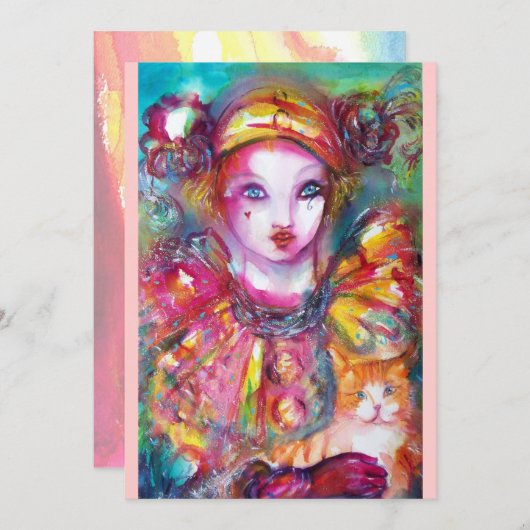 PIERROT MET KAT / Mardi Gras Maskerade Feest Kaart (Voorkant / Achterkant)