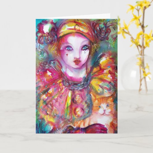 Pierrot met kat / Venetiaanse Carnavalsmaskers Kaart (Gele Bloem)