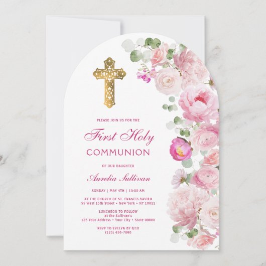 Pies roses Arc Première communion Invitation (Devant)