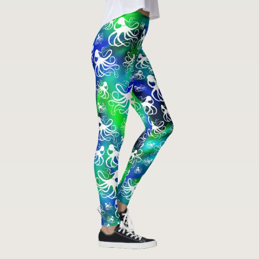 Pieuvre Blanche Sur Vert Bleu - Leggings (Droite)