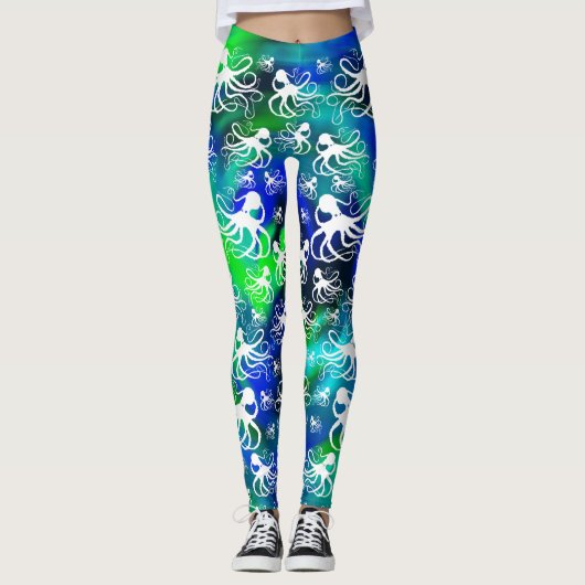 Pieuvre Blanche Sur Vert Bleu - Leggings (Devant)