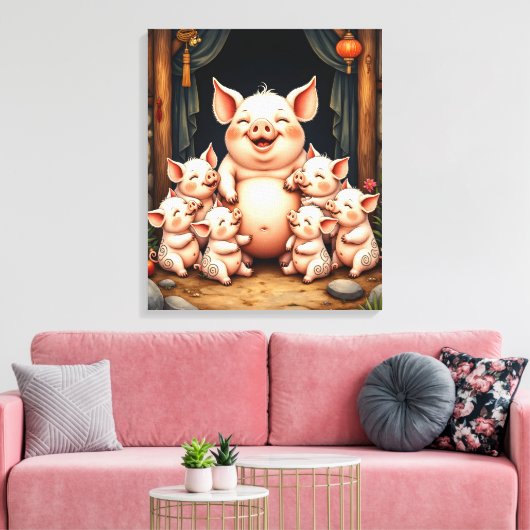  Pig Art – Mother & Piglets Canvas Afdruk (Insitu (Woonkamer))