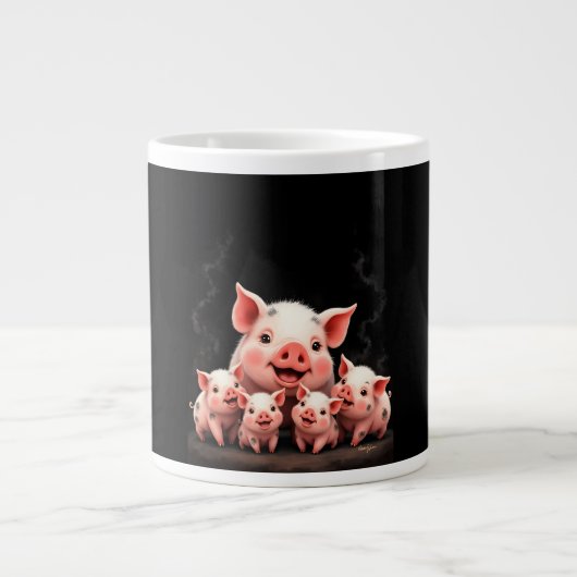 Pig Artwork – Mother Pig & Piglets Extra Grote Beker (Voorkant)