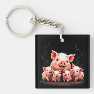Pig Artwork – Mother Pig & Piglets Sleutelhanger