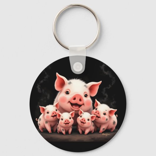 Pig Artwork – Mother Pig & Piglets Sleutelhanger (Voorkant)