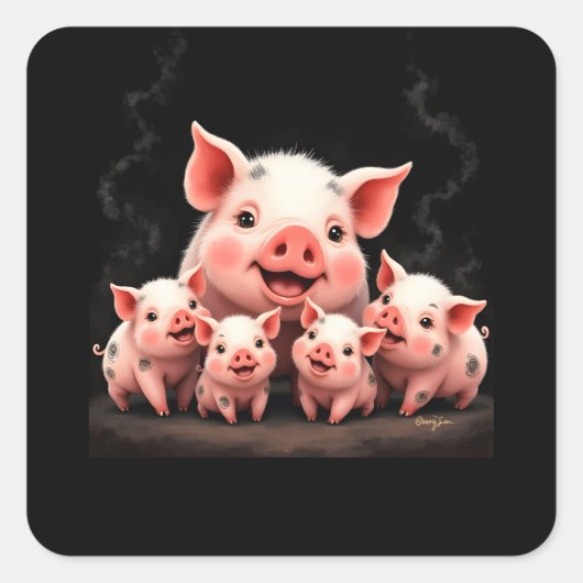 Pig Artwork – Mother Pig & Piglets Vierkante Sticker (Voorkant)