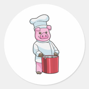 Pig as Cook with Cooking pot Ronde Sticker