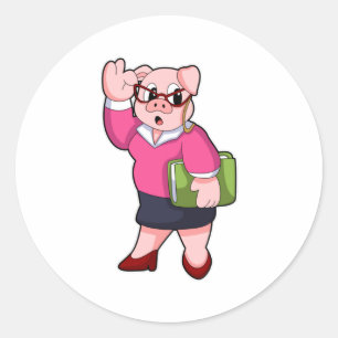 Pig as Secretary with Glasses Ronde Sticker