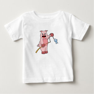 Pig at Fishing with Fishing rod & Fish