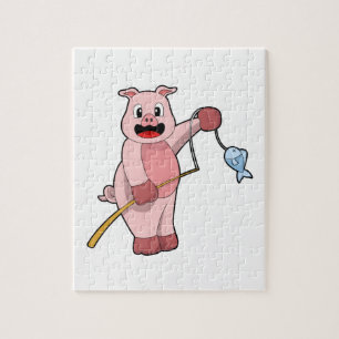 Pig at Fishing with Fishing rod & Fish Legpuzzel