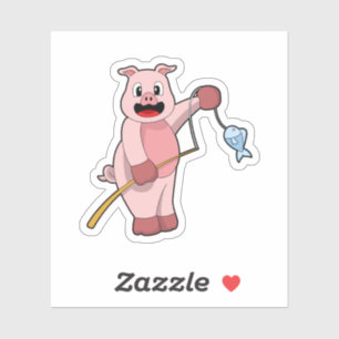 Pig at Fishing with Fishing rod & Fish Sticker