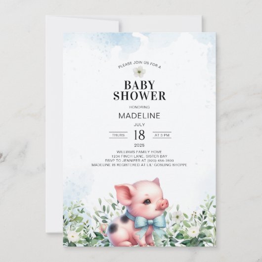 Pig avec Bow Blue Boy Baby shower Invitation (Devant)
