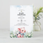 Pig avec Bow Blue Boy Baby shower Invitation (Debout devant)