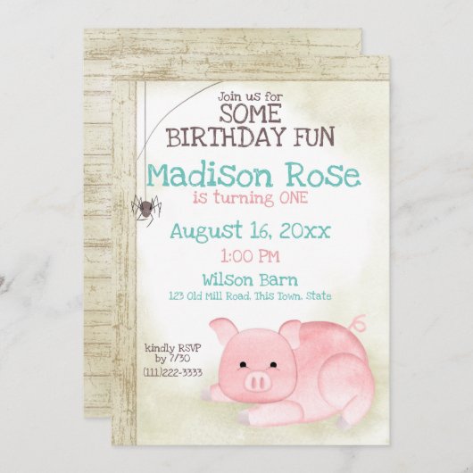 Pig et Web Barn Yard Invitation d'anniversaire (Devant / Derrière)