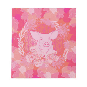 pig, flower of life, blue, mandala, zen, chakra, p notitieblok