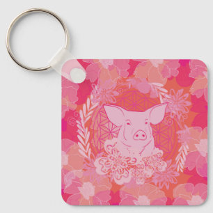 pig, flower of life, blue, mandala, zen, chakra, p sleutelhanger