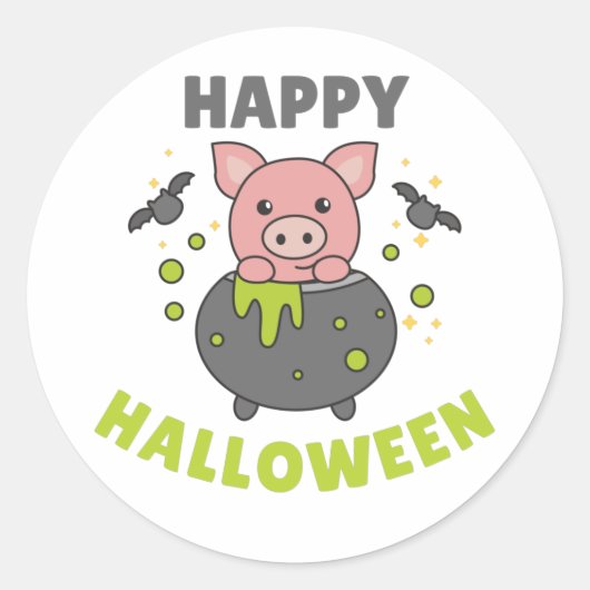Pig Happy Halloween Cauldron Bat Classic Round Sti Ronde Sticker (Voorkant)