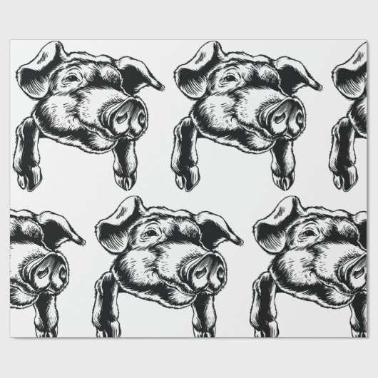 Pig Head Farm Animal Drawing in Black White Cadeaupapier (Vlak)